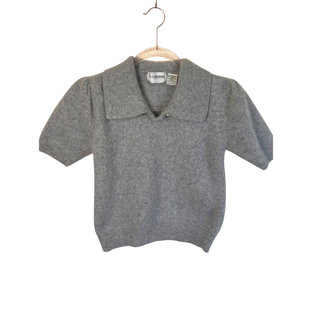 Vtg YarnWorks Polo Short Sleeve Sweater Womens M Angora Lambs wool Puff Sleeve